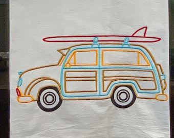 Surfing Woody Wagon Embroidered Dish Towel, Kitchen Towel, Flour Sack Dish Towel, Bar Towel, Guest Towel, Made in USA