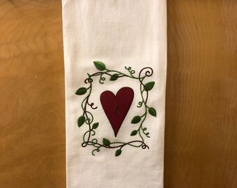 Country Heart Embroidered Flour Sack Dish Towel Made in USA
