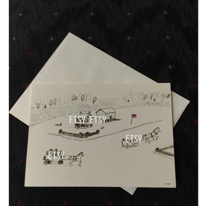 Nuovo biglietto d'auguri per il disegno patriottico dell'arte patriottica del patrimonio americano. Fatto a mano. 4 luglio US Flag Farm America Independence History Homeschool Kids