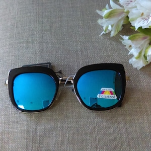 Large Blue Mirrored Lenses! Reflective Shades! Black Gold Square Frame Sunglasses +MicroFiber Bag! Polarized Sporty College Sun Pool Beach