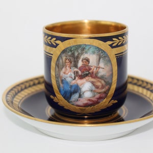 Early 20th century Austrian Royal Vienna Porcelain Painted Cobalt Cup and Saucer Beehive