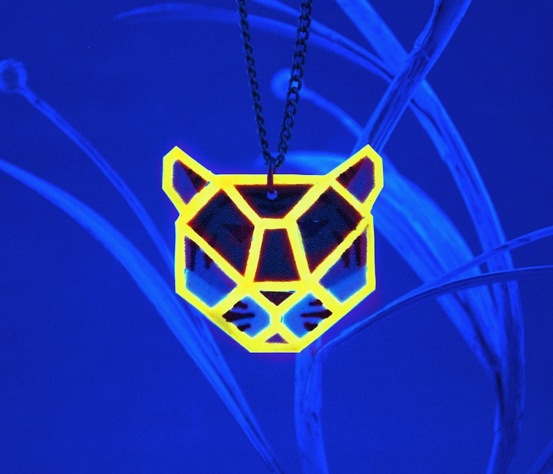 Yellow Neon Tiger Pendant King Tiger Necklace Jungle Necklace Jungle Jewelry Neon Jewelry Fluorescent UV Jewelry Glowing in Black Light