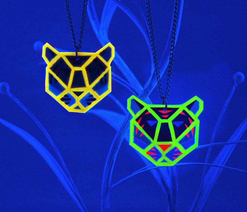 Yellow Neon Tiger Pendant King Tiger Necklace Jungle Necklace Jungle Jewelry Neon Jewelry Fluorescent UV Jewelry Glowing in Black Light
