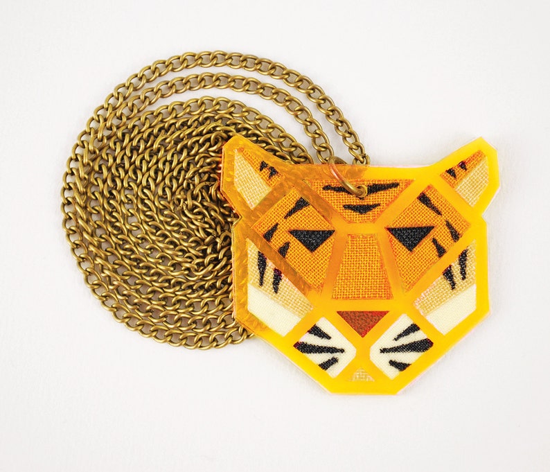 Yellow Neon Tiger Pendant King Tiger Necklace Jungle Necklace Jungle Jewelry Neon Jewelry Fluorescent UV Jewelry Glowing in Black Light
