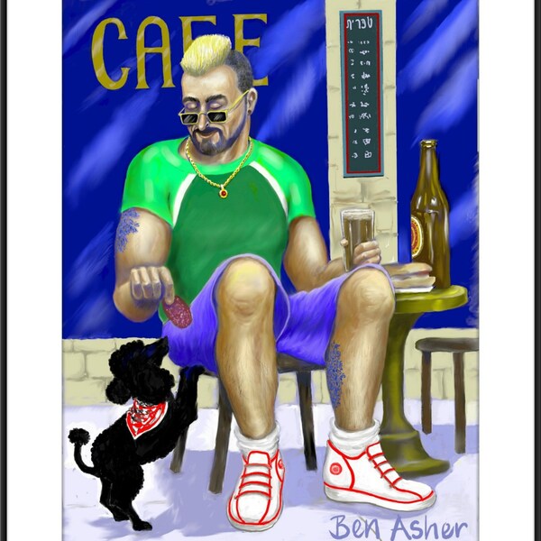 Poodle Guy-The Animal Collection.Original Print,Funny Poster by Ben Asher, Cafe Street Scene, Man with Dog,Cool Guy ,Poodle Lovers