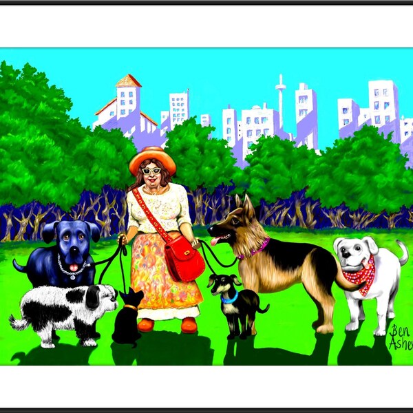 Dog Lady Walker,Fun picture,lots of dogs,elderly lady.Park and Urban scene.Bright,cheerful,colorful,cute animals.Great gift,animal lovers.