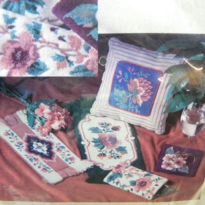 Punch Embroidery Kit Tapestry Touch Floral Elegance Makes 3 Coaster Mats/Pillow Inserts, 2 VaseMats, 1 Eyeglass Case Has 15 Spools of Yarn