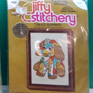 Calico Elephant Jiffy Stitchery 1970&#39;s NIP Childs Art Deco Crewel Embroidery5 x 7