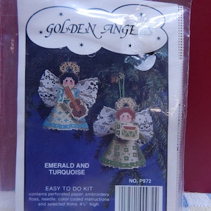 Victorian  or Golden ANGEL Cross Stitch Kits Set of 2 Iris & Buttercup or Emerald and Turquoise Set NIP 3&quot;High Christmas Ornaments Gift Tags