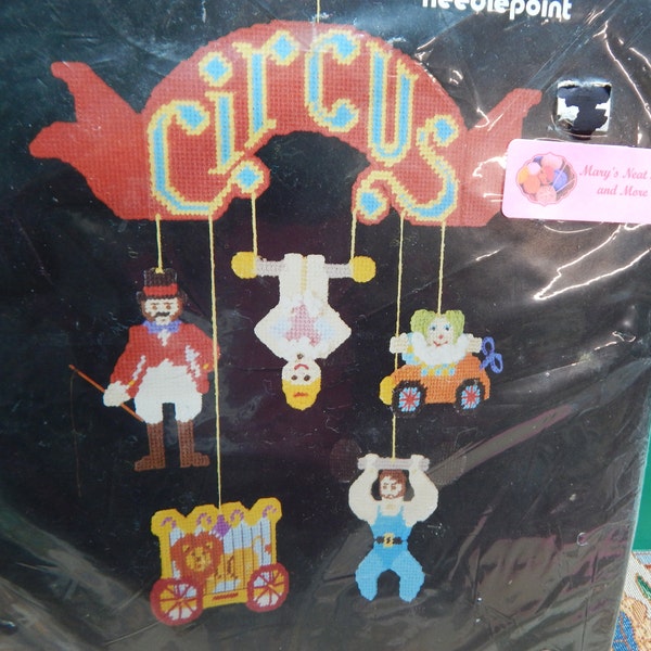 Circus Mobile Plastic Canvas Kit Dimensions Open Original Package 18 x 24 1980 Vintage Needlepoint Bright Colors Excellent Condition