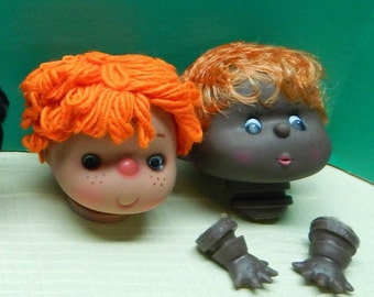 Tutti Frutti Kids Dark Skin Dolls Heads Vintage Small 3 1/2" One with hands & one with yarn hair no hands 1984 Sold Separately