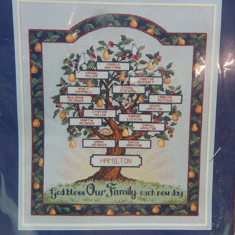 Family Tree God Bless Our Family Tree Counted Cross Stitch Kit NIP 12 x 14 Sunset 2000 Create a family tree