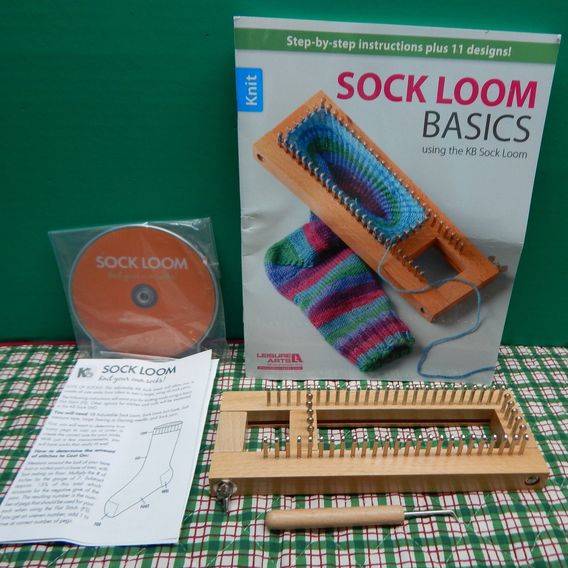 KB Knit Sock Loom With Slide Adjustable Loom DVD Step by Step Instruction  Book With 11 Designs Full Color Illustrations 40 Pages and Hook 