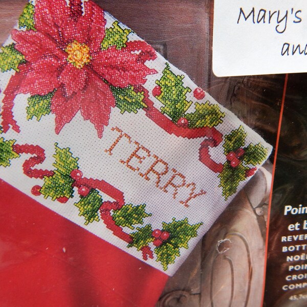 Red Velvet Stocking Cuff Cross Stitch Kits Poinsietta & Berries NIP  18" Bucilla