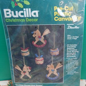 Rocking Horses 3 1/2&quot; & Drums 1&quot; Christmas Ornaments Kit Set of 6 Bucilla Pre-Cut Plastic Canvas Vintage Strawtex Feature Rare Find
