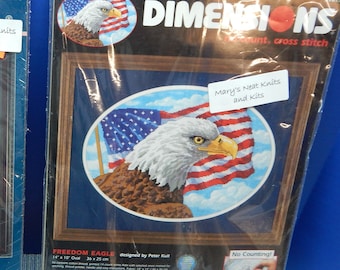 Freedom Eagle, 14 x 10 Oval No Count Cross Stitch Kit Outline Printed on Fabric Cross Stitch Made Easy on Aida Cloth