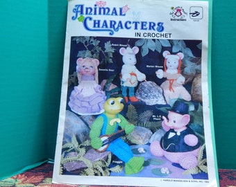 Animal Character Crochet and Pig, Mouse, Frog and Bear Heads Sold as Set Instructions to Crochet Animals Rare Find.