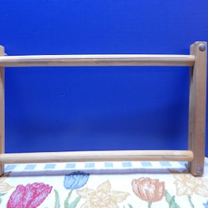 Scroll Frame Needlework 9&quot; x 18&quot; Adjustable Wood with Wing Nuts Washer Bolts Good condition Unfinished Wood