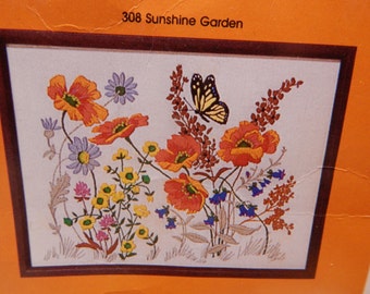 SUNSHINE GARDEN Crewel Embroidery Kits Creative Circle Open Clean 12" x 16" Vintage 1983 Butterflies and Flowers Mary's Neat Knits and Kits