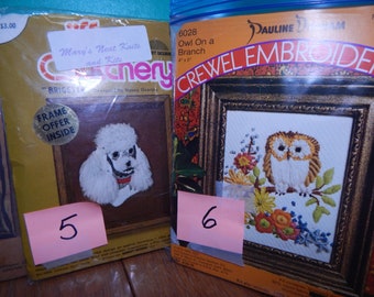 Crewel Small Animal Kits 6 Kits Owl, Poodle, Giraffe, Horse,Puppy,Racoon/Frog 4x5 or 5x7 Vintage Fun Summer Stitching