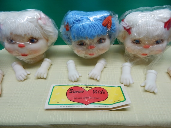 Darcie Kids Heart Dolls Heads/Hands Large Appr. 6" & 5 1/2"Top of Head to Bottom Vintage 1984 Sold Separately White, Pink and Blue Yarn Hair