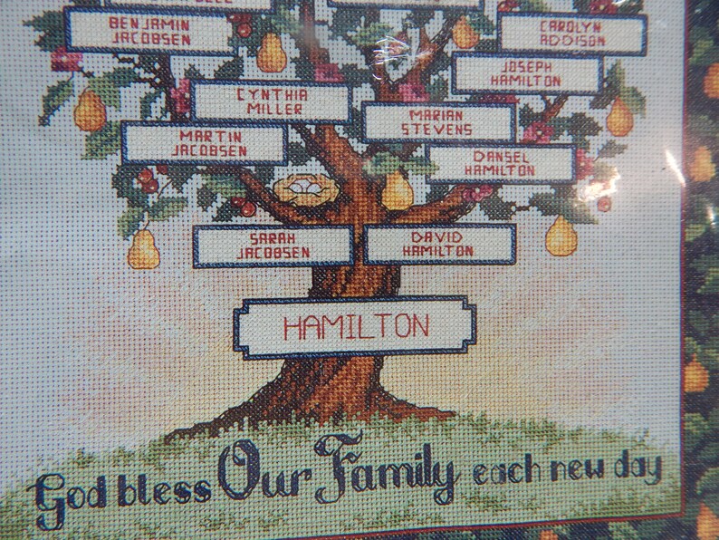 Family Tree God Bless Our Family Tree Counted Cross Stitch Kit NIP 12 x 14 Sunset 2000 Create a family tree
