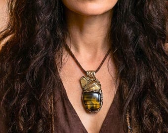 Tiger's Eye & Citrine Pendant Necklace – Large Crystal Amulet