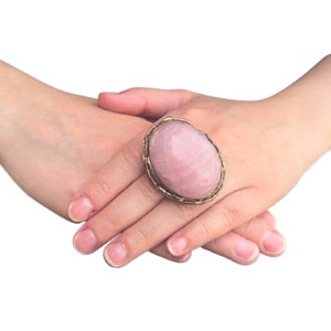 Rose Quartz Large Pink Stone Ring, Oval Big Statement Chunky Cocktail Ring