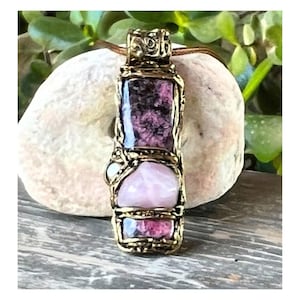 Rose Quartz Rhodonite Necklace, Pink Gemstone Pendant, Love Crystal Amulet