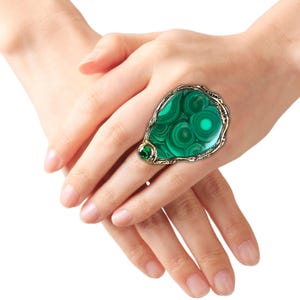 Malachite Green Stone Ring, Statement Huge Big Cocktail Ring