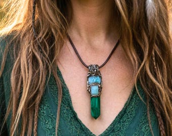 Malachite, Aventurine & Fluorite Necklace – Green Crystal Point Pendant Amulet