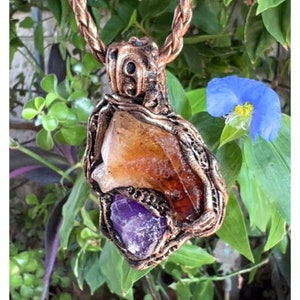 Citrine and Amethyst Raw Crystal Necklace, Good Luck Wealth Amulet