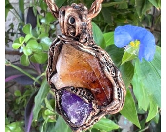 Citrine and Amethyst Raw Crystal Necklace, Good Luck Wealth Amulet