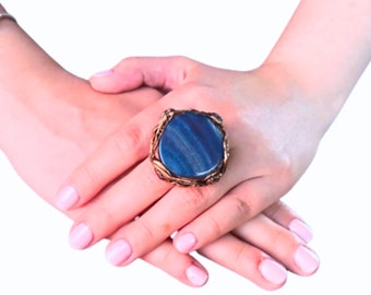 Agate and Hematite Blue Stone Ring, Chunky Cocktail Ring