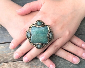 Large Green Stone Ring, Statement Chunky Aventurine Cocktail Ring