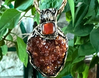 Raw Citrine Cluster Geode and Carnelian Pendant Necklace, Wealth Amulet