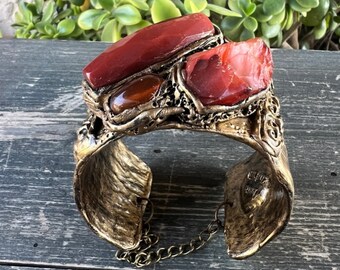 Carnelian Gemstone Raw Crystal Bracelet, Chunky Boho Cuff Bracelet