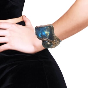 Chunky Labradorite Cuff Bracelet - Statement Blue Gemstone Jewelry