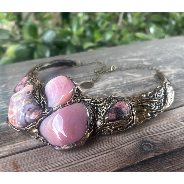 Pink Chunky Collar Bib Necklace with Agate and Rhodonite, Statement Anniversary Gift for Her