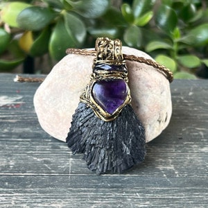 Black Kyanite Protection Amulet, Amethyst Raw Crystal Pendant Necklace