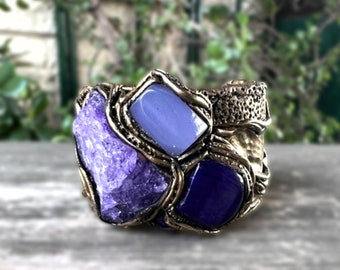 Purple Gemstone Bracelet: Raw Crystal Wide Cuff with Quartz, Agate & Chalcedony