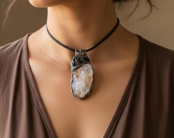 Crystal Pendant Necklace with Citrine Tigers Eye - Handmade Amulet Jewelry