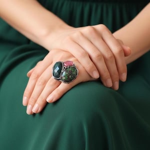 Ruby Zoisite, Jade & Cherry Quartz Ring – Pink and Green Statement Cocktail Jewelry