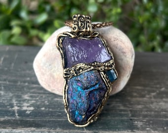 Raw Crystal Necklace with Amethyst, Apatite, and Peacock Ore