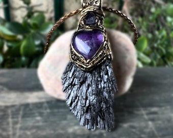Empath Protection Necklace, Black Kyanite & Amethyst Amulet, Raw Crystal Pendant