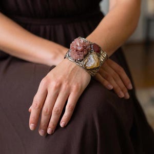 Aragonite, Citrine & Carnelian Wide Cuff Bracelet – Raw Crystal Statement Hinged Bracelet