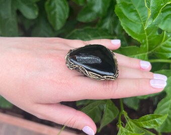 Black Druzy Agate chunky large stone ring, big oversized triangle cocktail ring