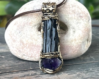 Raw Amethyst and Black Tourmaline Protection Amulet necklace