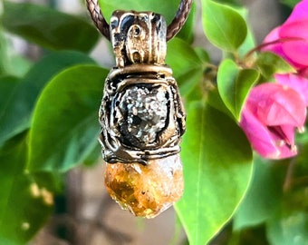 Raw Citrine crystal Pyrite necklace, good luck wealth amulet,  small stone necklace