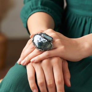Chunky Green Aventurine & Tree Agate Ring – Oversized Statement Crystal Cocktail Ring